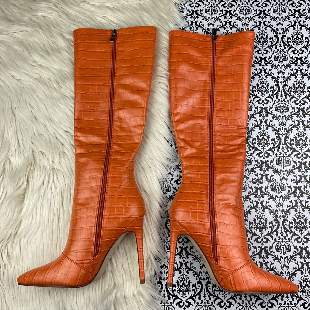 AKIRA : size : 7 : Azalea Wang Orange Crocodile Knee-High stiletto heel boots - Picture 3 of 7